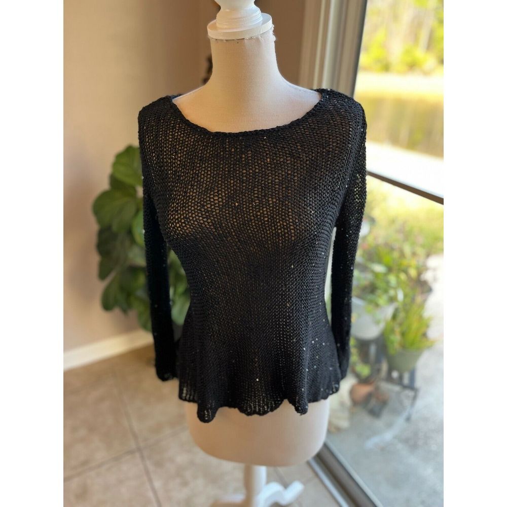 Eileen Fisher‎ Black Sparkle Knit Whimsigoth Peplum Sweater Long Sleeve Top M